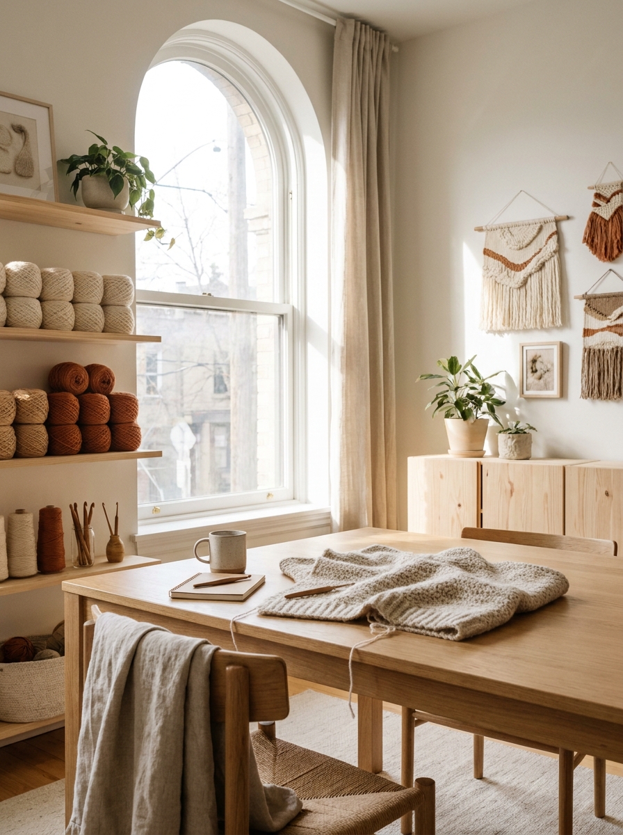 Bright and airy minimal crochet studio with yarn and hooks